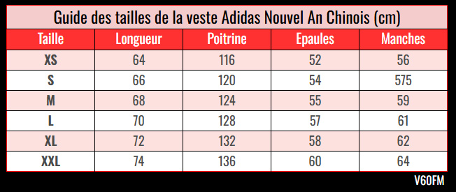 Guide des tailles de la veste Adidas Nouvel An Chinois