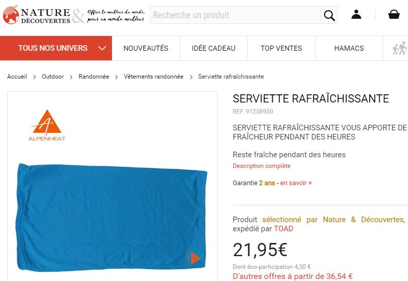 Serviettes rafraichissantes sur Nature et Découvertes