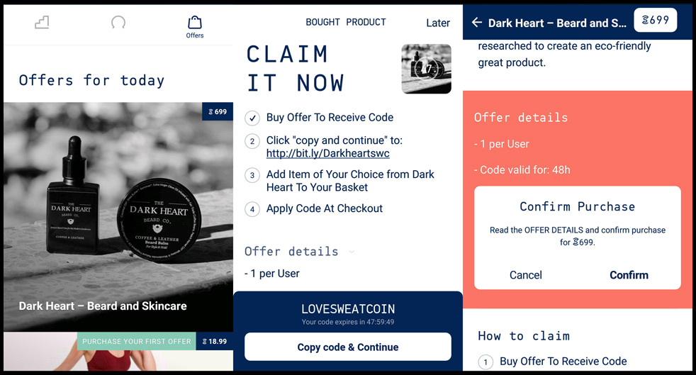 Etapes d'achat d'une offre Sweatcoin