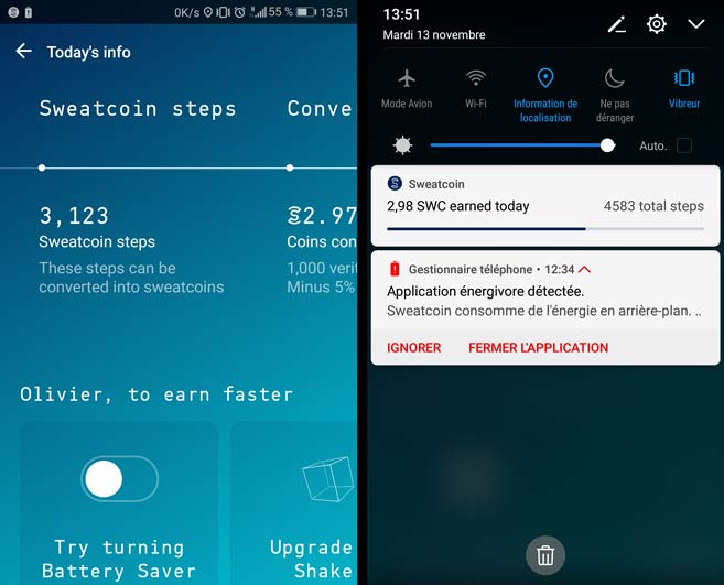L'interface de Sweatcoin & la jauge de suivi de pas & sa consommation de batterie